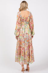 Multi-Color Floral Metallic Striped Tiered Long Puff Sleeve Maxi Dress