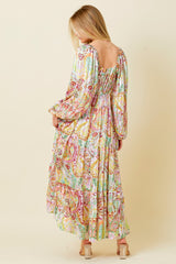 Multi-Color Floral Metallic Striped Tiered Long Puff Sleeve Maxi Dress