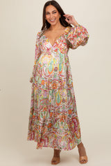 Multi-Color Floral Metallic Striped Tiered Long Puff Sleeve Maternity Maxi Dress