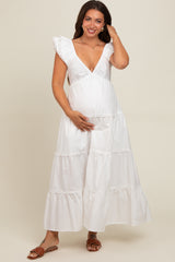 White Ruffle Trim Maternity Maxi Dress