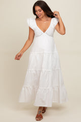 White Ruffle Trim Maternity Maxi Dress