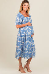 Blue White Floral Maternity Midi Dress