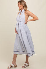 White Striped Halter Maternity Midi Shirt Dress