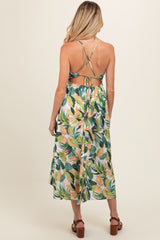 Green Leaf Print Open Back Maternity Midi Dress