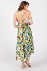 Green Leaf Print Open Back Midi Dress