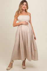 Beige Striped Cutout Back Maternity Maxi Dress