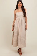 Beige Striped Cutout Back Maternity Maxi Dress