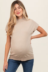 Beige Mock Neck Knit Maternity Top