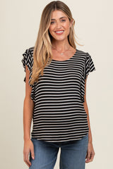 Black Striped Ruffle Sleeve Maternity Top