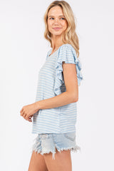 Light Blue Striped Ruffle Sleeve Top