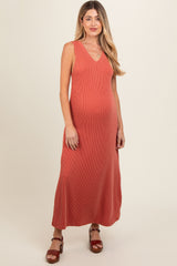 Rust Sleeveless Ribbed Maternity Maxi Dress