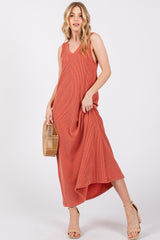 Rust Sleeveless Ribbed Maxi Dress