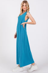 Blue Sleeveless Ribbed Maxi Dress