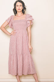 Mauve Floral Flutter Sleeve Tiered Dress