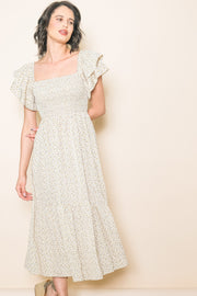 Cream Floral Flutter Sleeve Tiered Dress