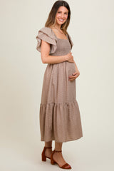 Mocha Floral Flutter Sleeve Tiered Maternity Dress