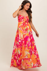 Fuchsia Abstract Floral Front Tie Maternity Maxi Dress