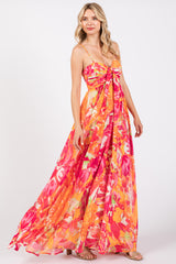 Fuchsia Abstract Floral Front Tie Maxi Dress