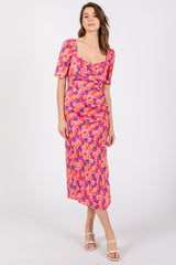 Fuchsia Floral Ruffle Sweetheart Fitted Maternity Midi Dress