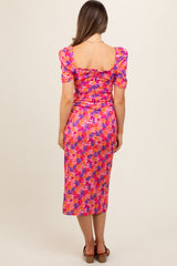 Fuchsia Floral Ruffle Sweetheart Fitted Maternity Midi Dress