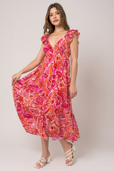 Fuchsia Floral Flutter Sleeve Maternity Dress