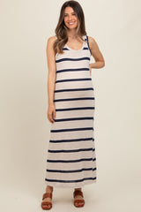 Navy Blue Striped Sleeveless Knit Maternity Maxi Dress