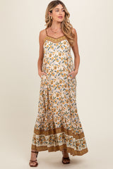 Cream Floral Border Print Lace Up Back Maternity Maxi Dress