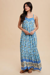 Blue Floral Border Print Lace Up Back Maternity Maxi Dress