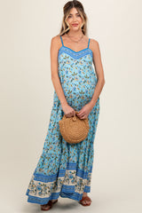 Blue Floral Border Print Lace Up Back Maternity Maxi Dress