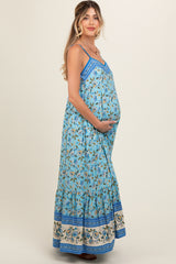 Blue Floral Border Print Lace Up Back Maternity Maxi Dress