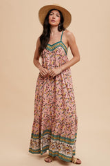 Pink Floral Border Print Lace Up Back Maxi Dress