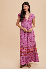 Magenta Floral Border Print Ruffle Maxi Dress