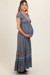 Navy Blue Border Print Ruffle Maternity Maxi Dress