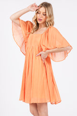 Orange Square Neck Pleated Flutter Short Sleeve Dress