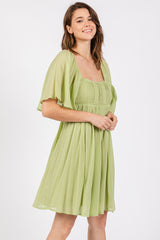 Green Square Neck Pleated Flutter Short Sleeve Dress