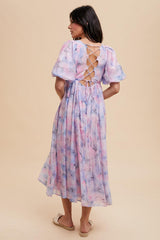 Lavender Floral Square Neck Short Puff Sleeve Lace-Up Back Midi Dress