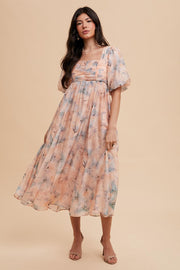 Peach Floral Square Neck Short Puff Sleeve Lace-Up Back Midi Dress