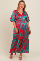 Red Satin Palm Print Button Front Maternity Plus Maxi Dress