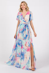 Blue Multicolor Floral Side Slit Wrap Maxi Dress