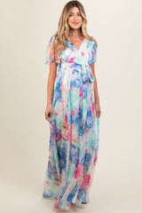 Blue Multicolor Floral Side Slit Maternity Wrap Maxi Dress