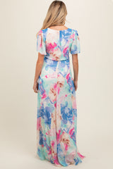 Blue Multicolor Floral Side Slit Maternity Wrap Maxi Dress