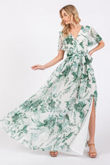 Forest Green Floral Side Slit Wrap Maxi Dress