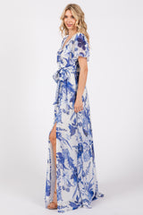 Blue Floral Side Slit Wrap Maxi Dress