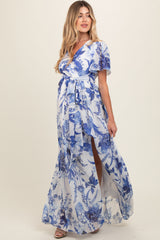 Blue Floral Side Slit Maternity Wrap Maxi Dress