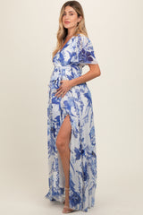 Blue Floral Side Slit Maternity Wrap Maxi Dress