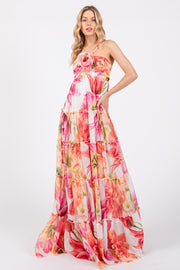 Pink Floral Top Accent Tiered Maxi Dress