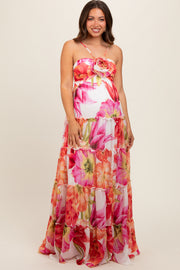 Pink Floral Top Accent Tiered Maternity Maxi Dress