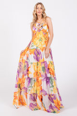 Purple Floral Top Accent Tiered Maternity Maxi Dress