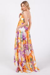 Purple Floral Top Accent Tiered Maxi Dress