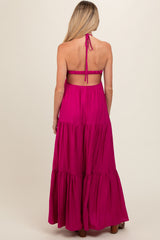 Magenta Crochet Cutout Halter Maternity Maxi Dress